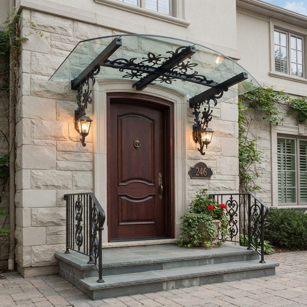 Decorative entrance canopy featuring curved glass roof and ornate iron brackets.