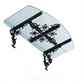 Curved glass outdoor awning with floral wrought iron scrollwork and dual lanterns.
