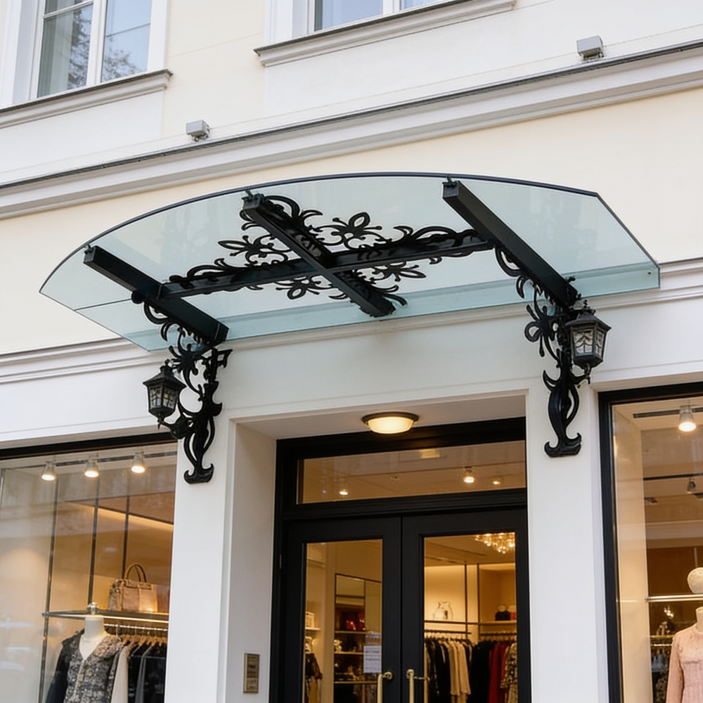 Ornate outdoor awning featuring floral scroll brackets and glass top.