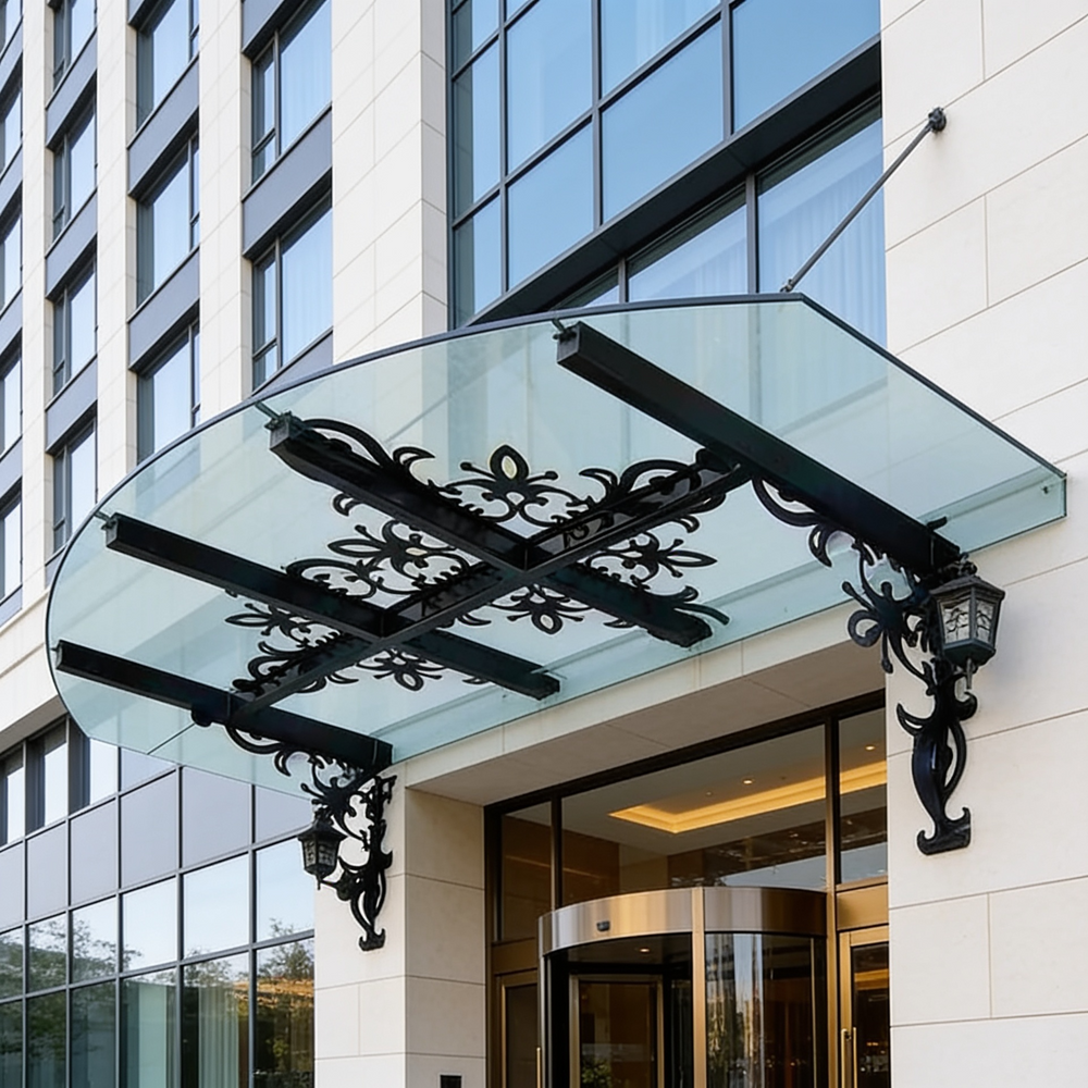 Decorative outdoor canopy featuring floral ironwork and dual lantern lights.