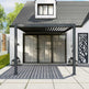 Modern house exterior with a pergola and decorative screen