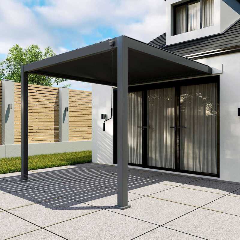 Patio cover attached to a house with a clear sky background