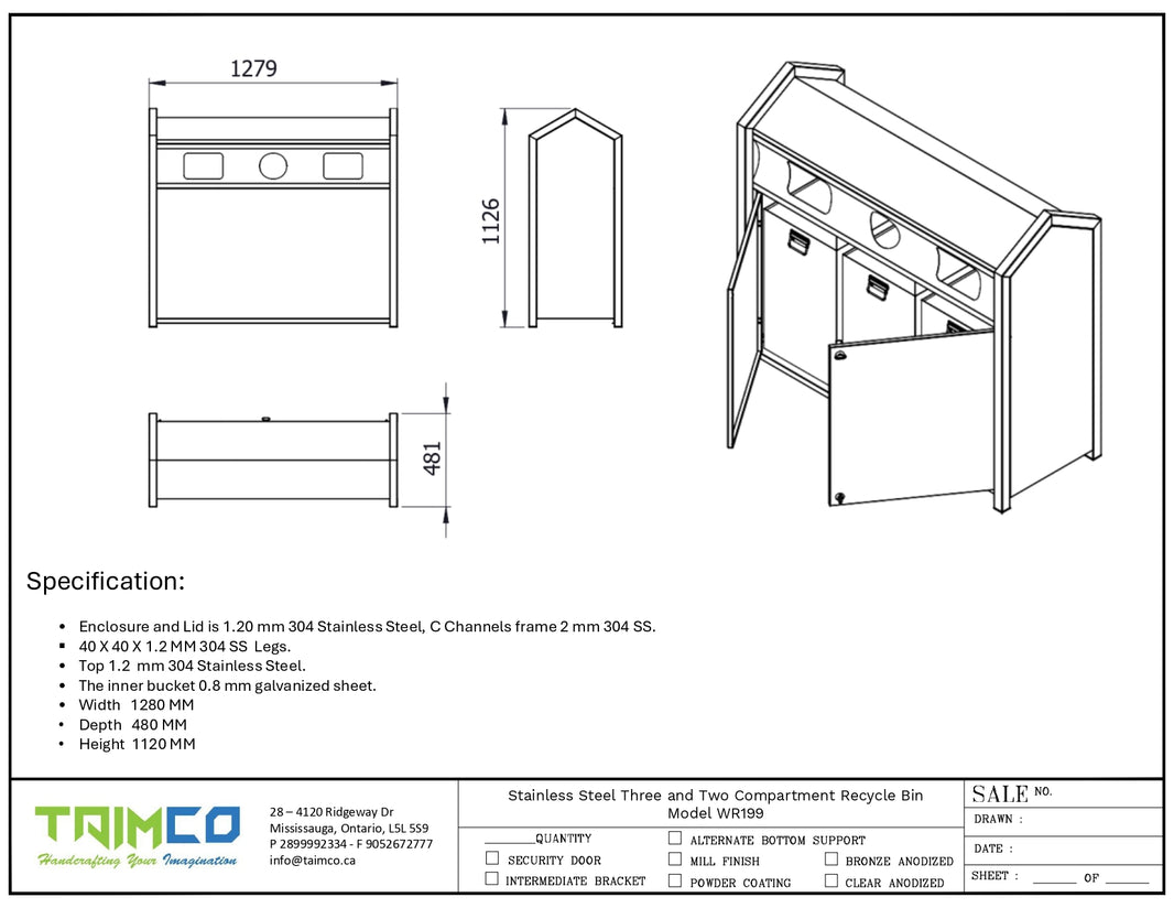 Stainless Steel Three and Two Compartment Recycle Bin | Model WR199
