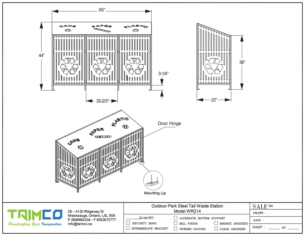 Outdoor Park Steel Tall Waste 3 Unit Station Model WR214