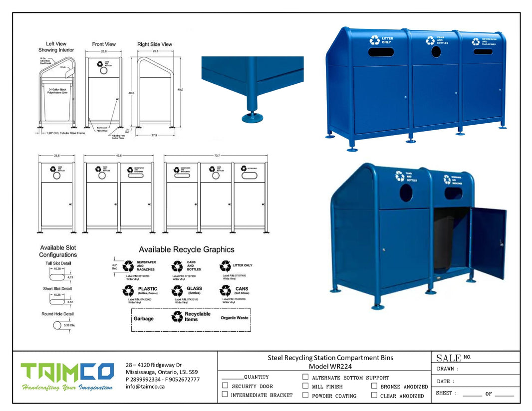 Steel Recycling Station | Three or Two Compartment Bins | Model WR224