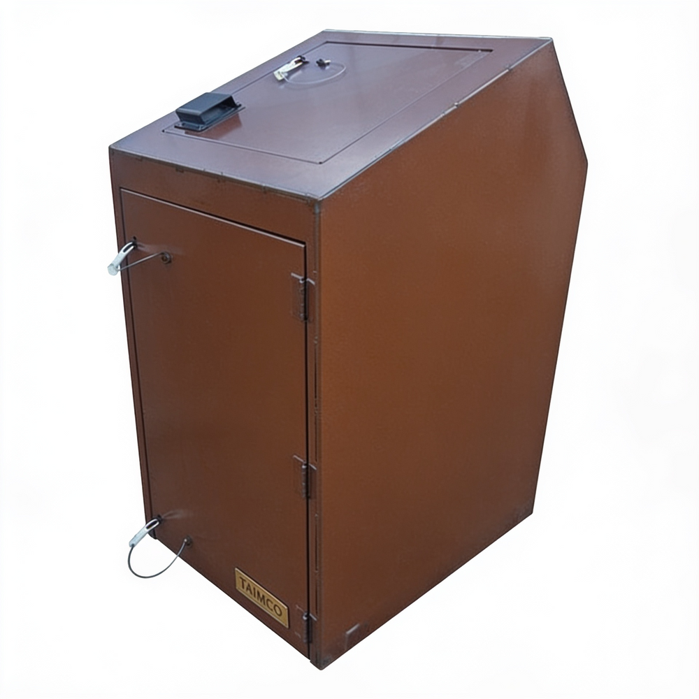 Brown metal cabinet with a lock on a white background