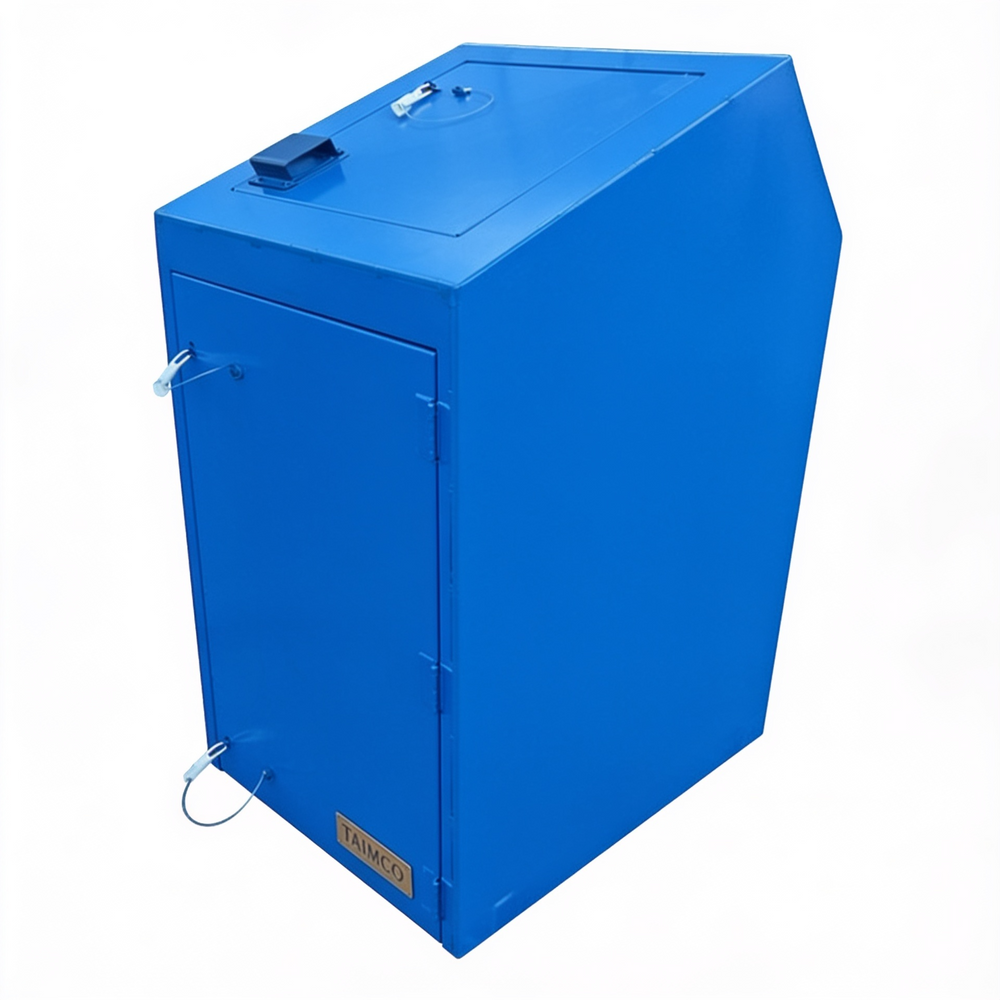 Blue metal box with a brand logo on a white background