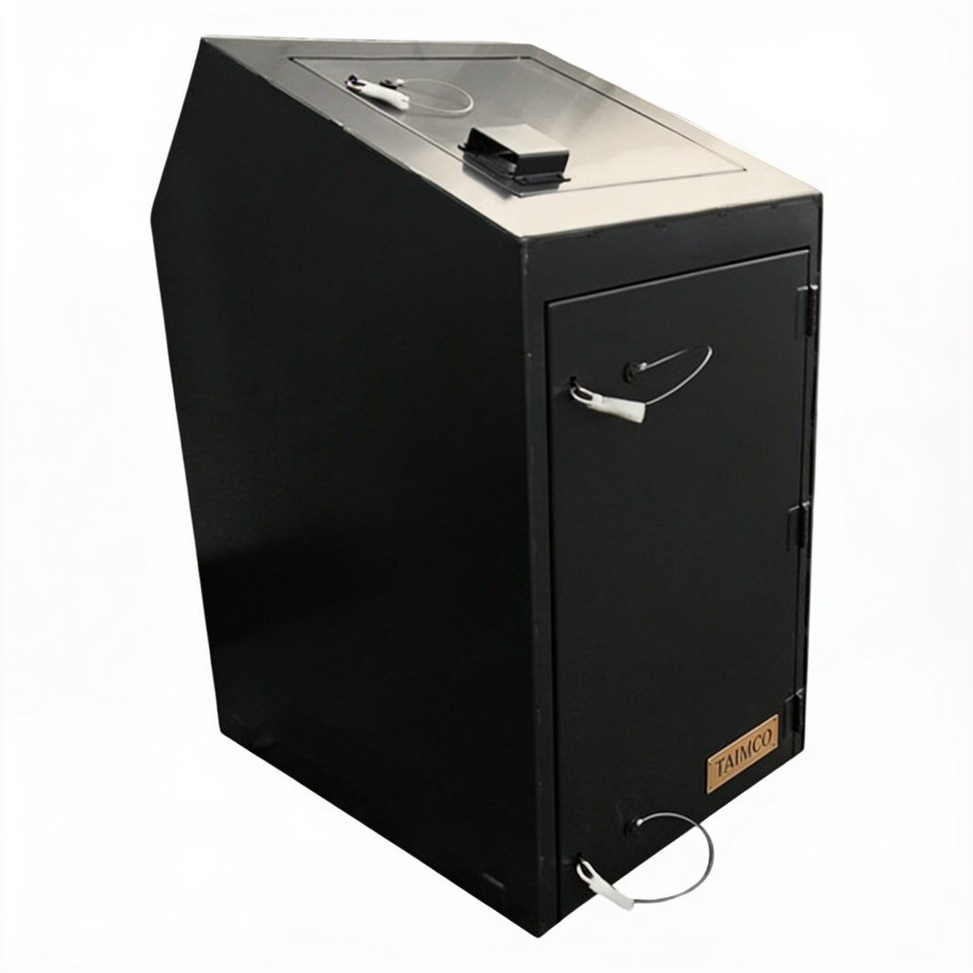 Black metal cabinet with a handle on a white background