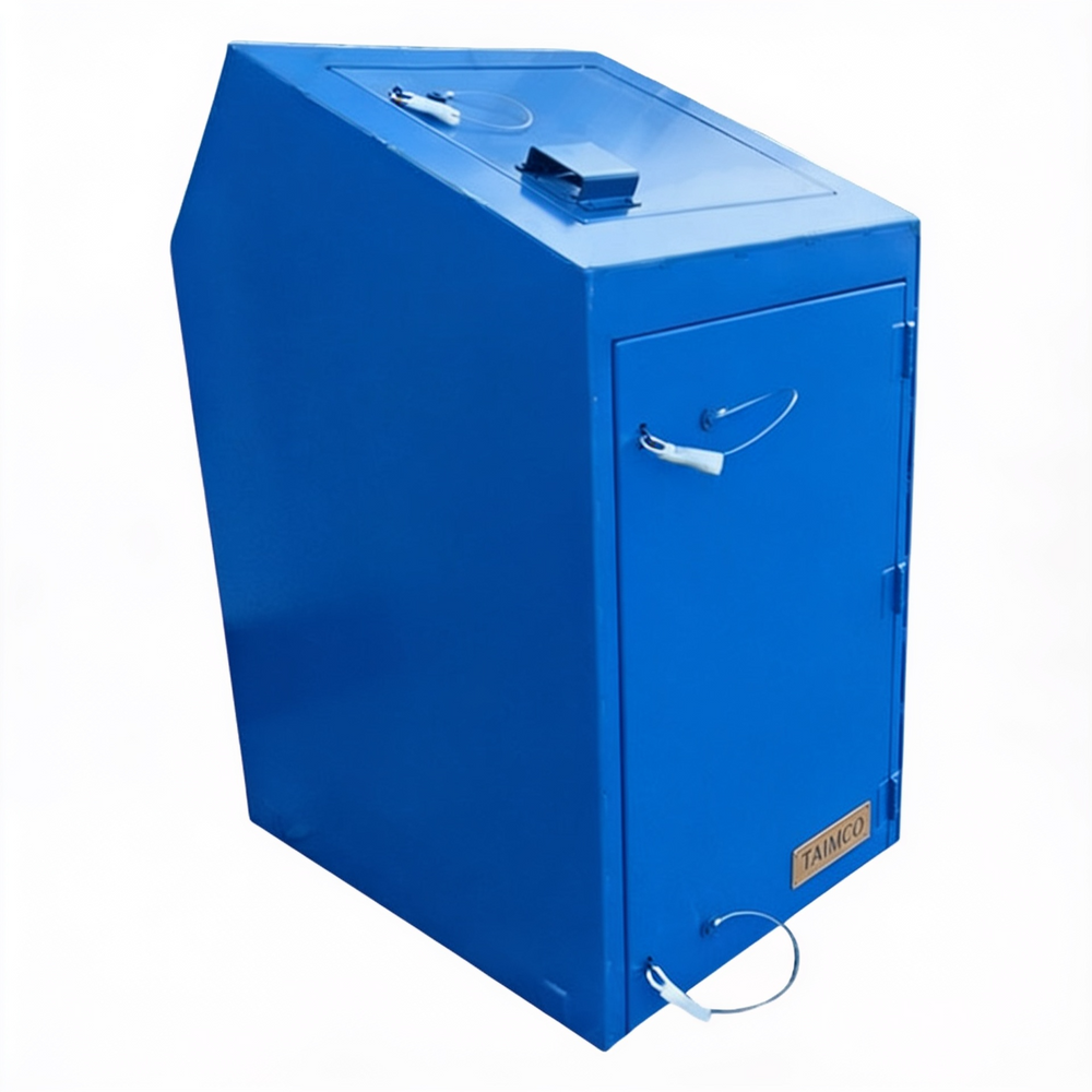 Blue metal cabinet with a handle on a white background