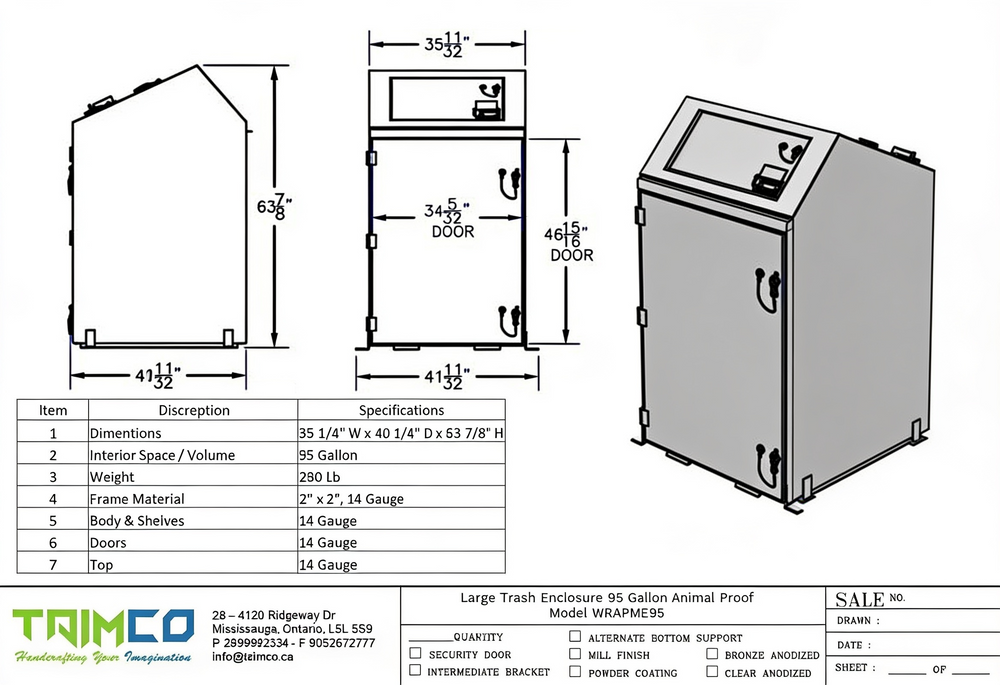 Technical drawing of a large trash enclosure with dimensions and specifications.