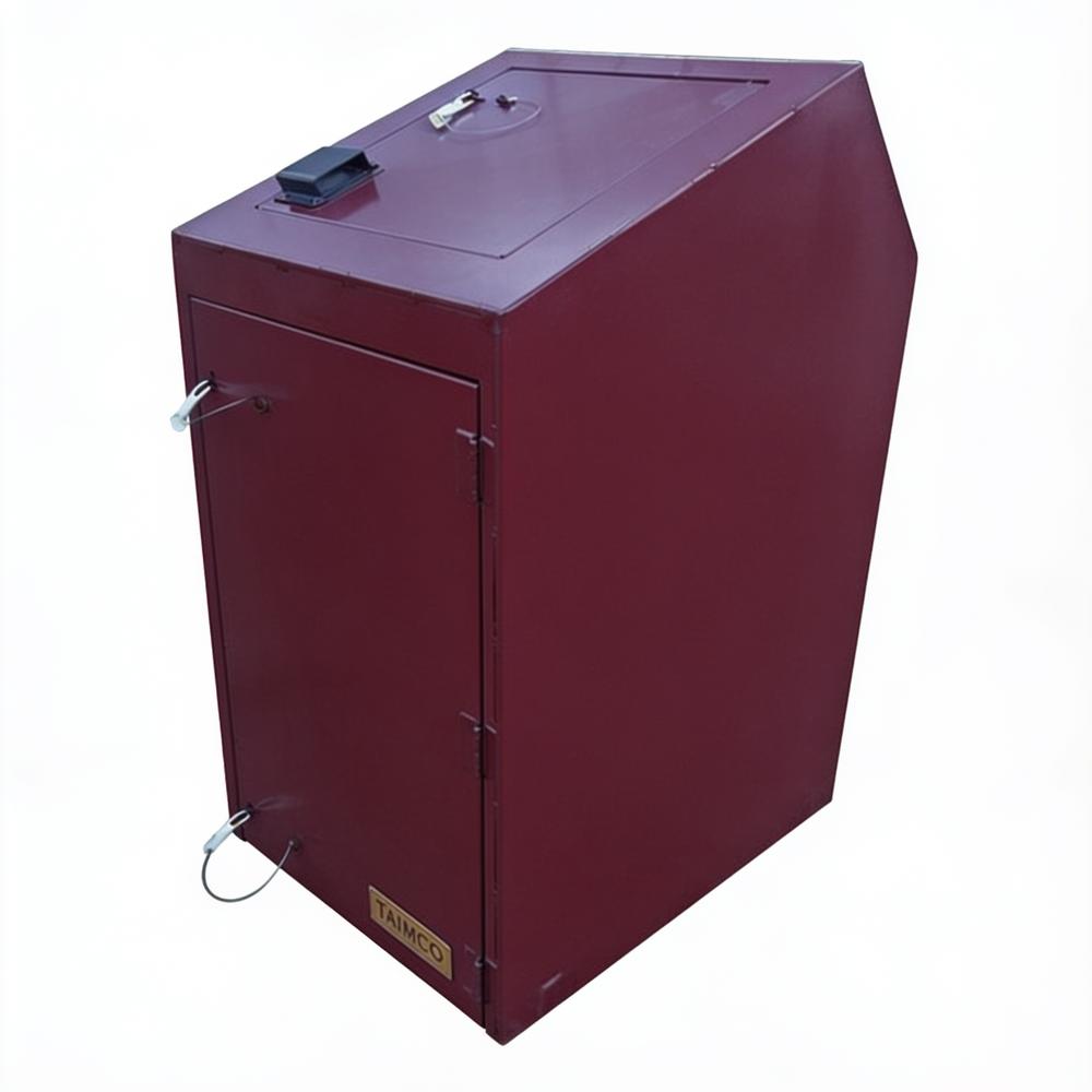 Maroon metal cabinet with a visible brand logo on a white background