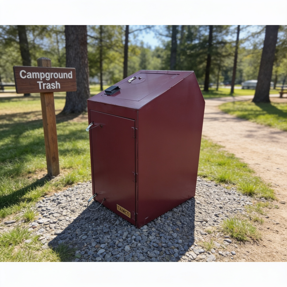 Red campground trash bin next to a 'Campground Trash' sign in a park setting.