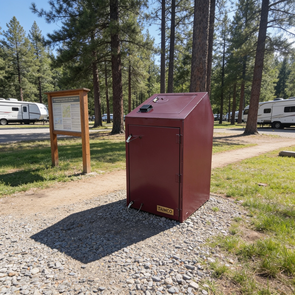 Red metal trash can in a park setting with trees and RVs in the background