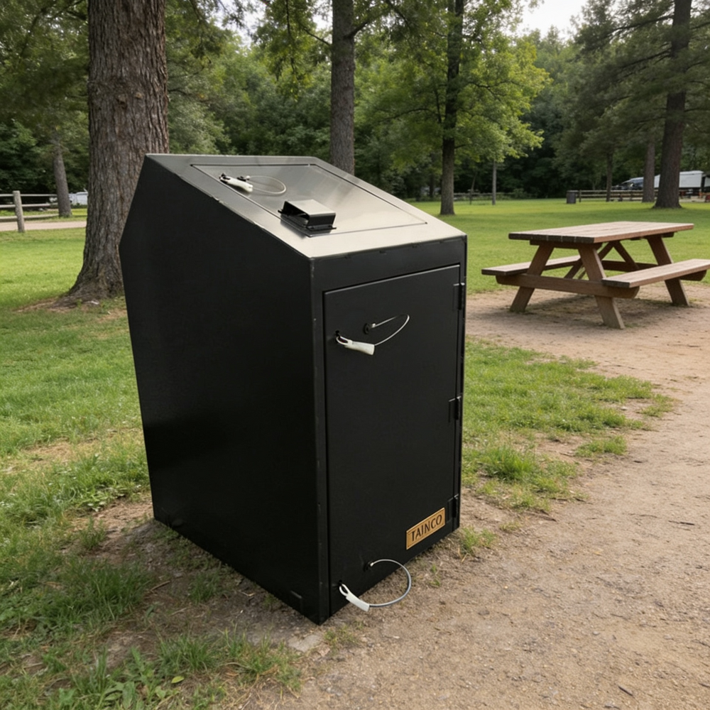 Black outdoor trash can in a park setting with picnic table and trees in the background