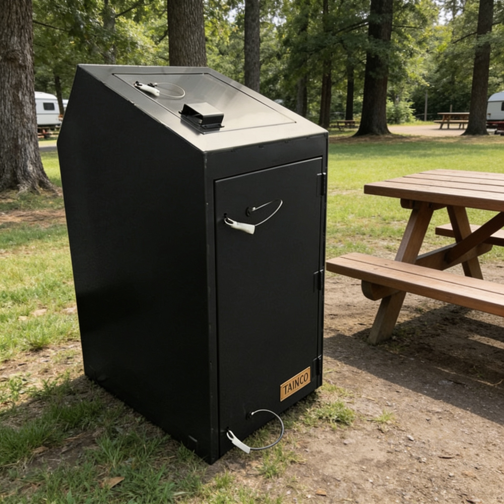Black smoker grill on a grassy area with picnic table and trees in the background
