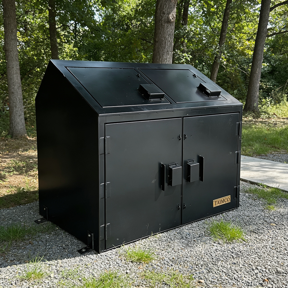 Beige outdoor trash bin with two compartments in a park setting.
