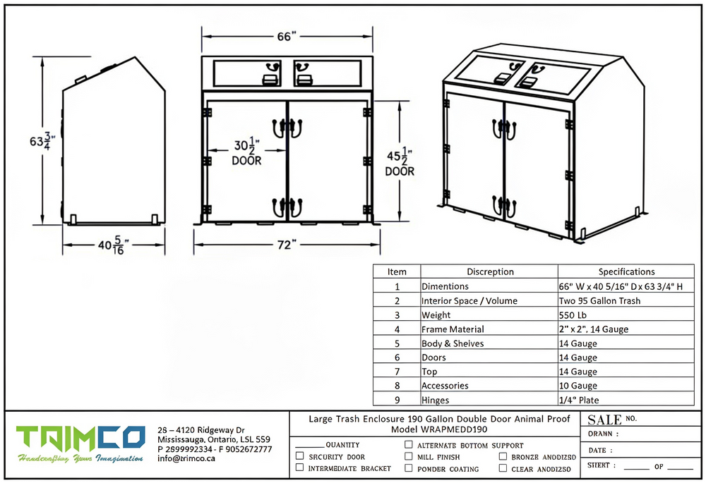 Technical drawing of a large trash enclosure with dimensions and specifications.