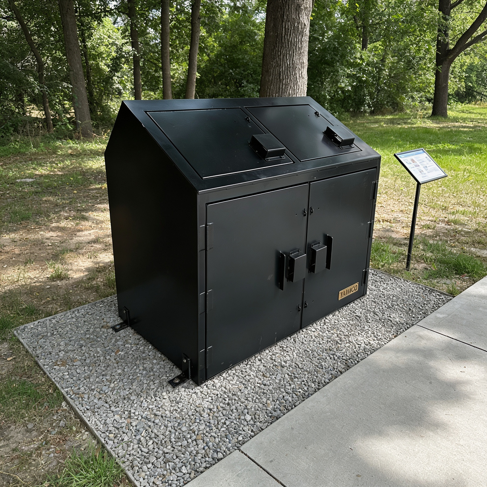 Black metal cabinet on a gravel surface with trees in the background