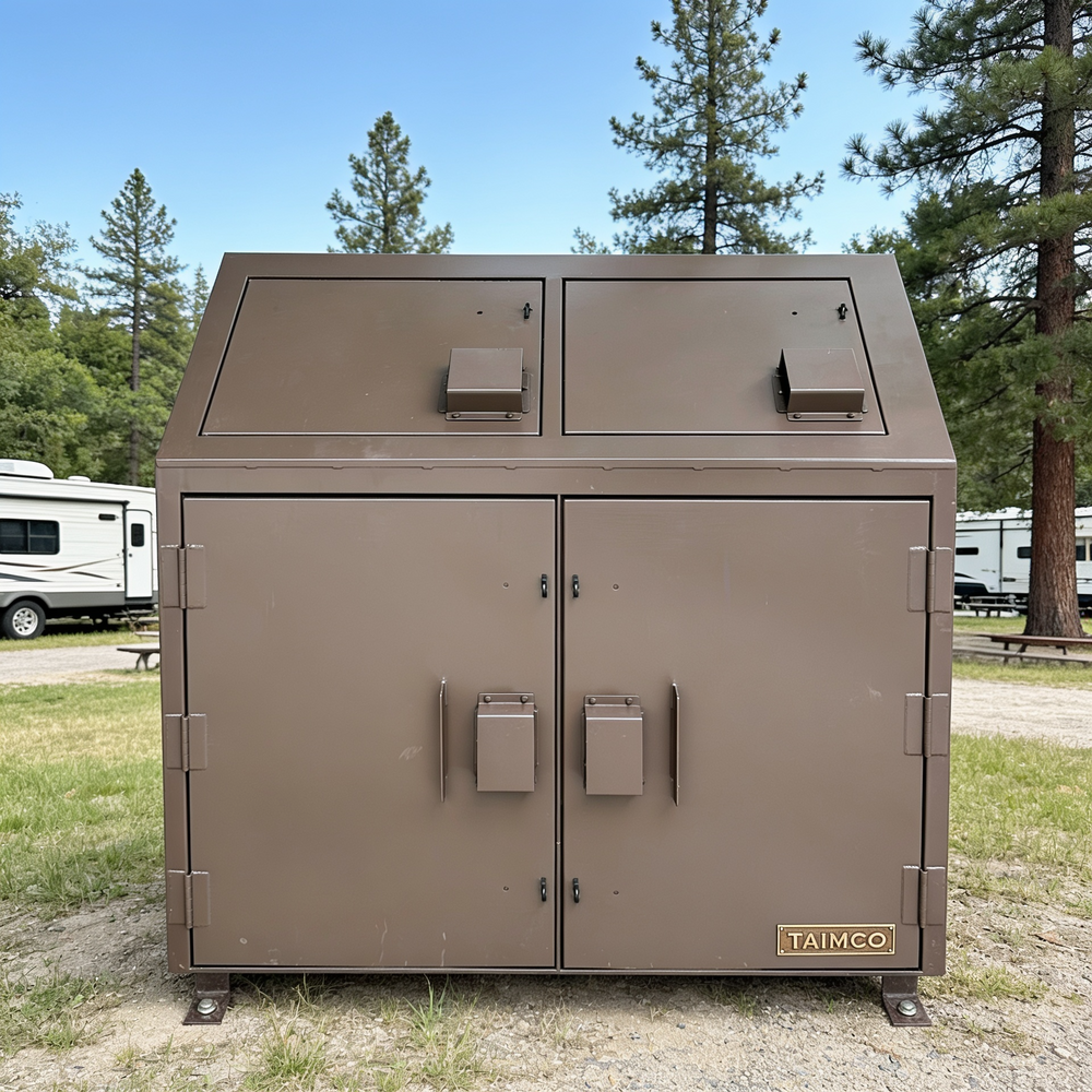 Brown metal trash bin with 'Taimco' branding in a park setting with trees and RVs.