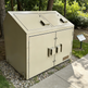 Beige metal cabinet with two compartments in a park setting