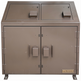 Metallic storage cabinet with two doors and a Taimco logo on a white background