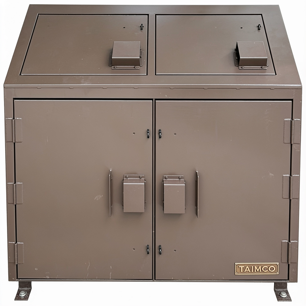Metallic storage cabinet with two doors and a Taimco logo on a white background