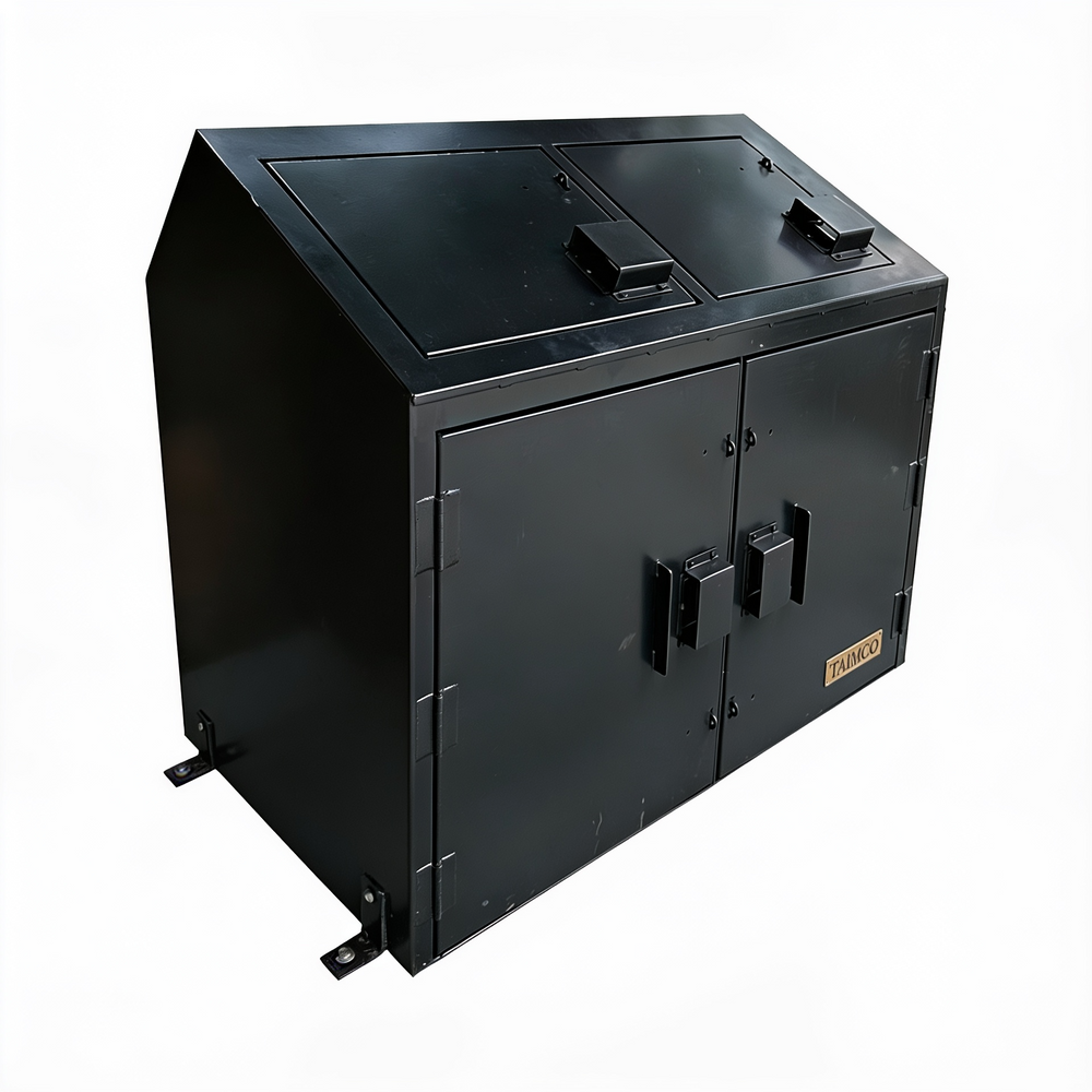 Black metal cabinet with open lid on a white background