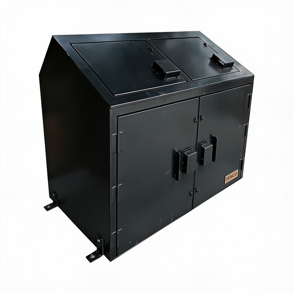Black metal cabinet with a door on a white background