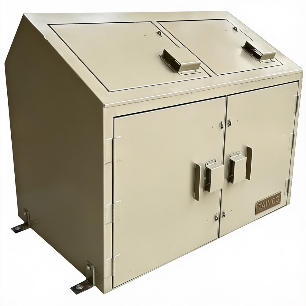 Beige metal storage cabinet with two doors on a white background