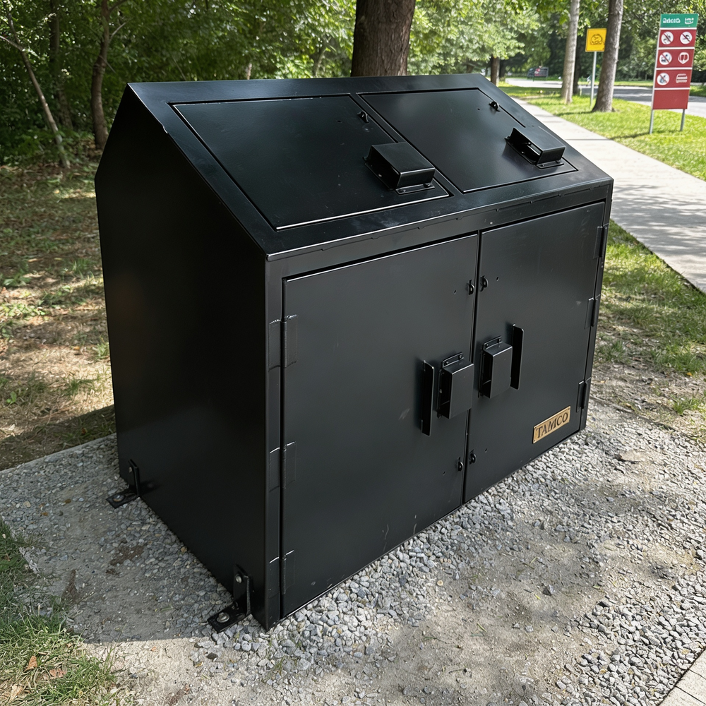Black metal cabinet with open lid on a white background