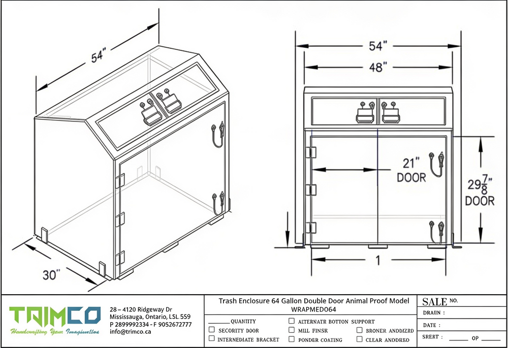 Technical drawing of a 64-gallon double door animal proof trash enclosure with dimensions and Taimco branding.