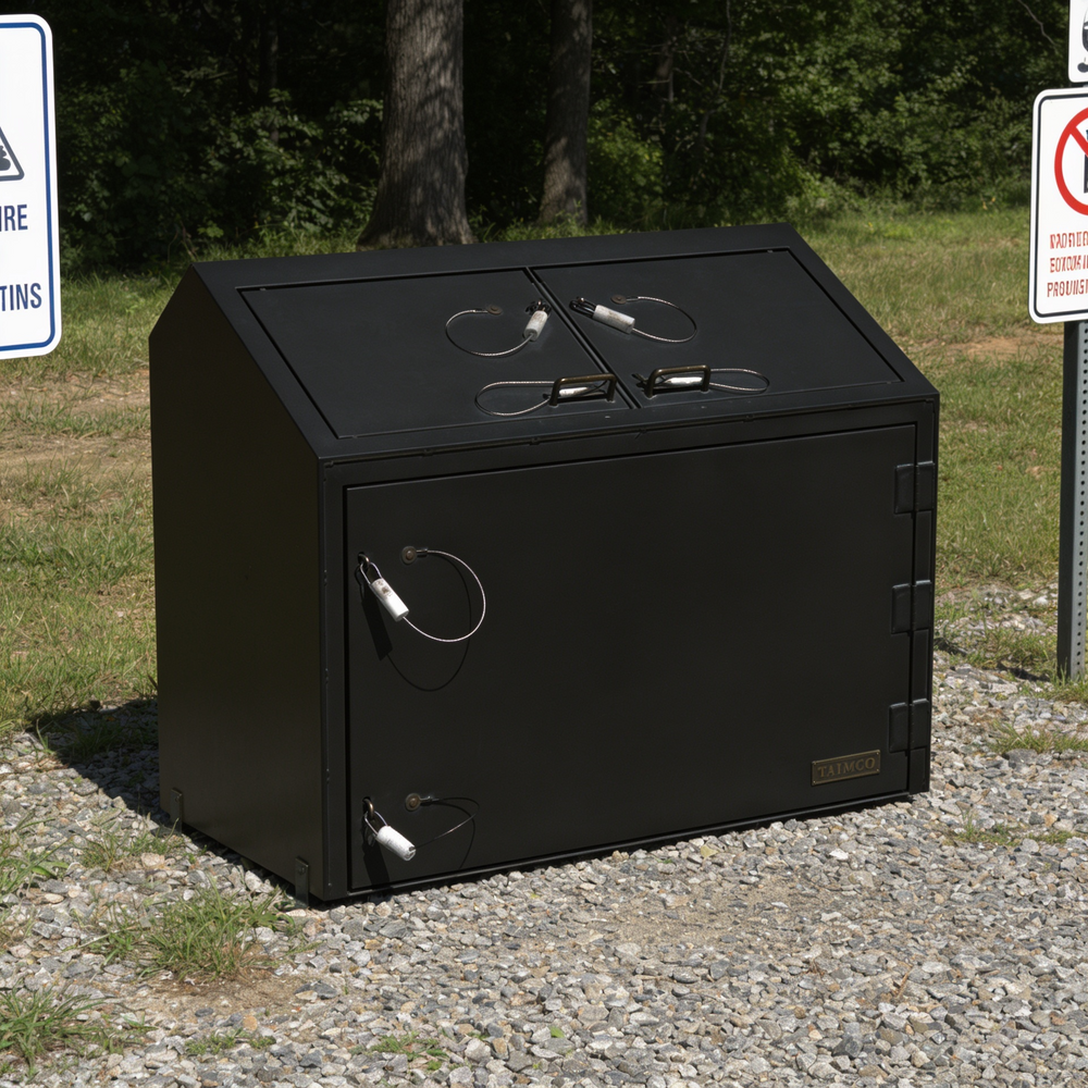 Black metal outdoor storage box with multiple compartments on a gravel surface.