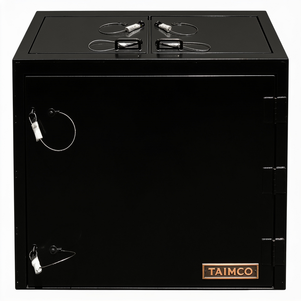 Black Taimco safe with multiple locks on a white background