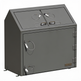 Gray metal cabinet with multiple cables attached on a white background