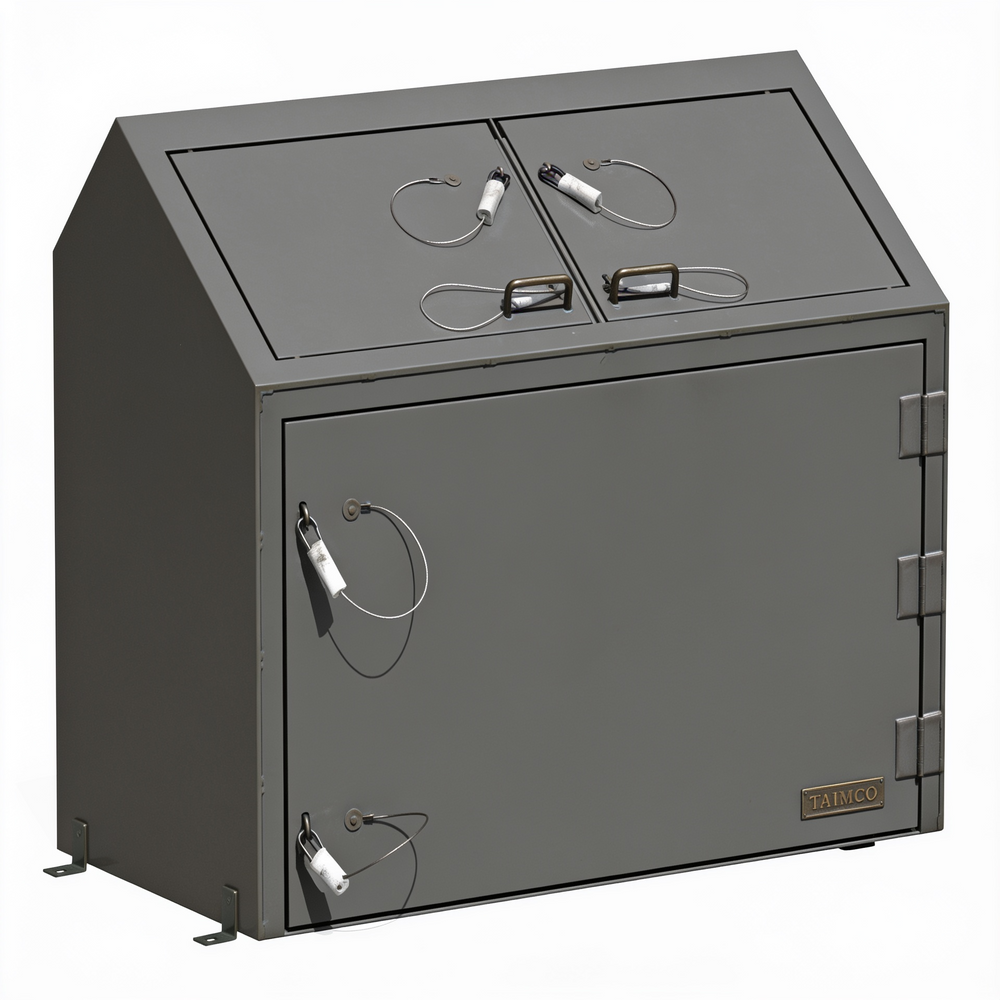 Gray metal cabinet with multiple cables attached on a white background