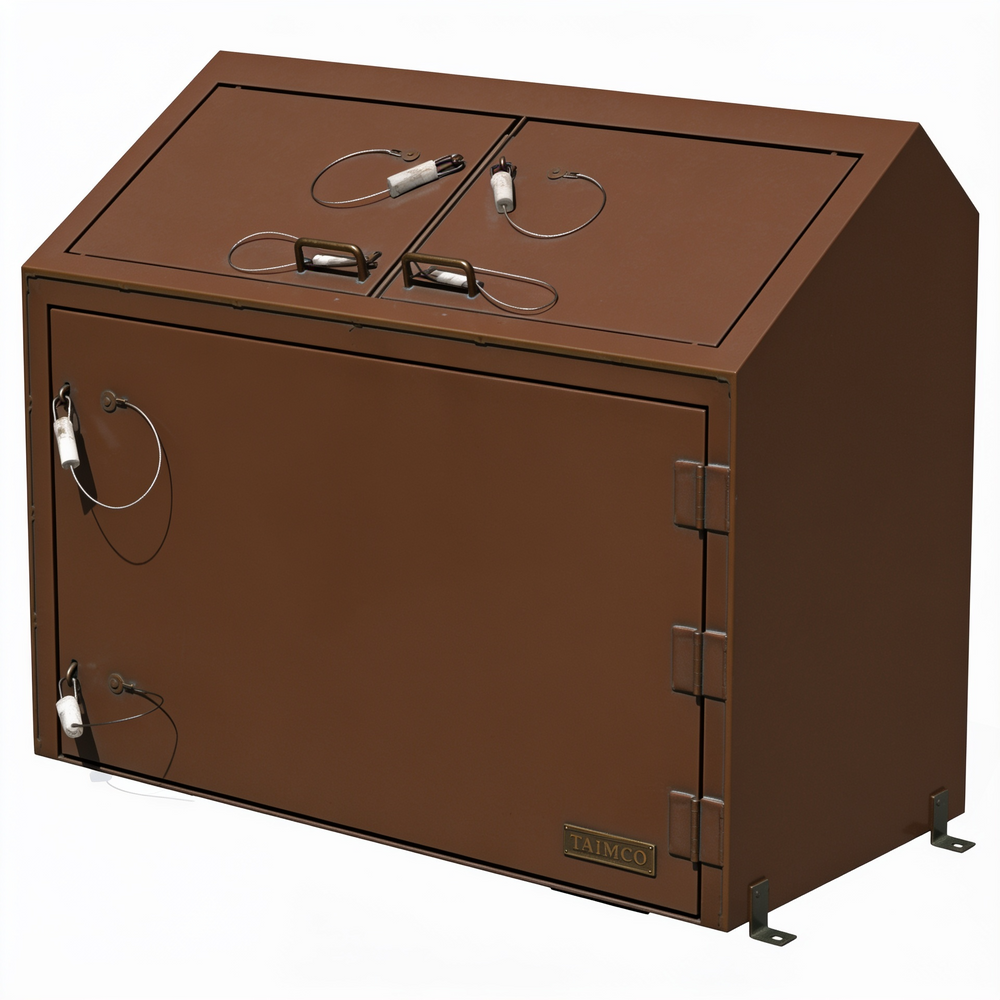 Brown metal cabinet with multiple handles on a white background