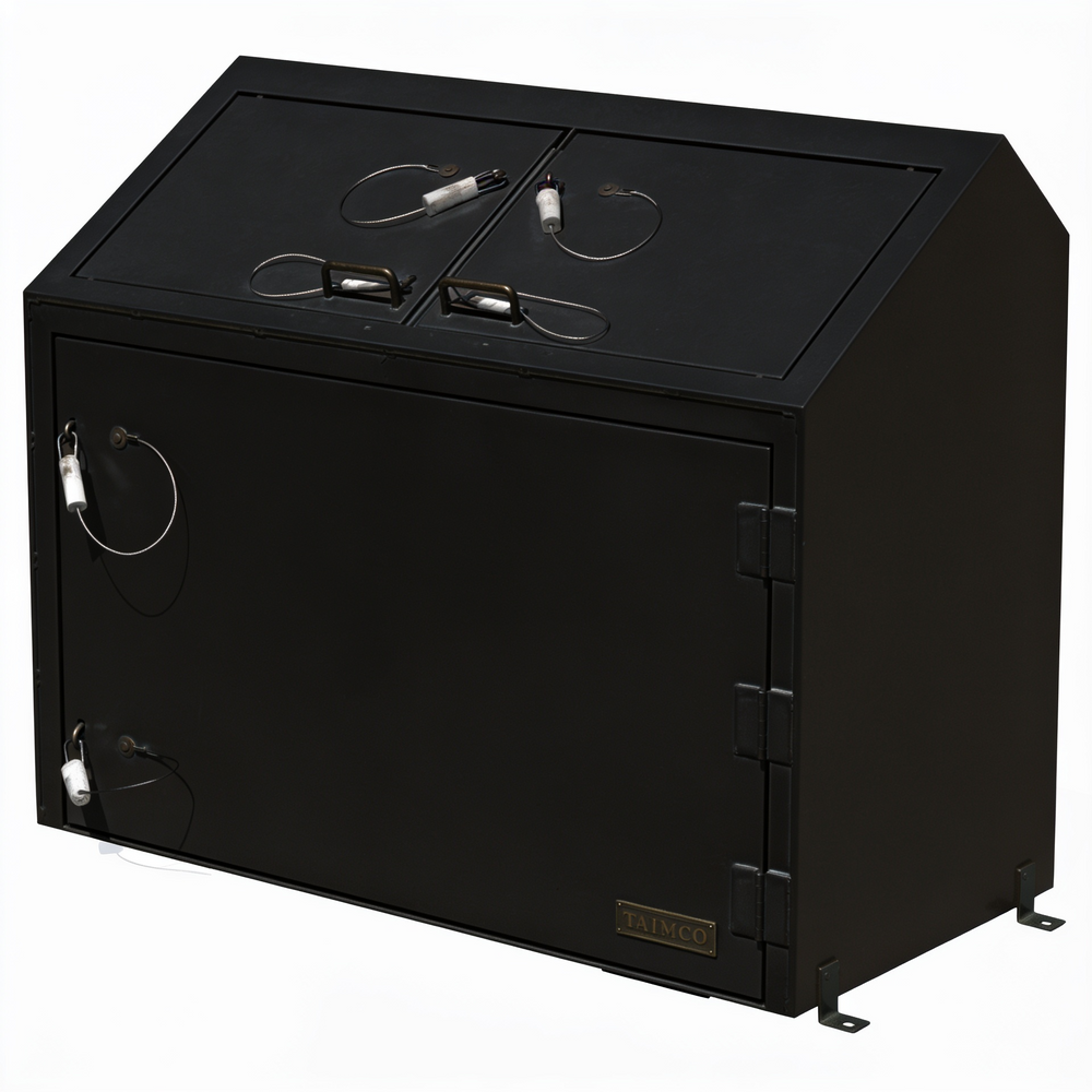 Black metal security box with lock and USB ports on a white background