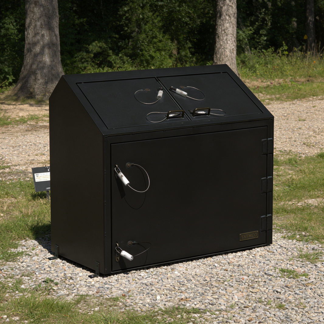 Black metal trash bin with multiple compartments on a gravel surface with trees in the background