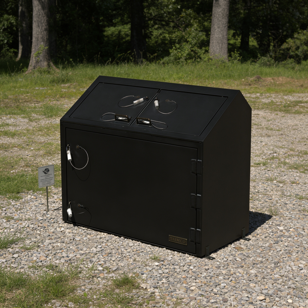 Black metal safe box on a gravel surface with trees in the background