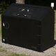Black outdoor storage box with a brand logo on a gravel surface
