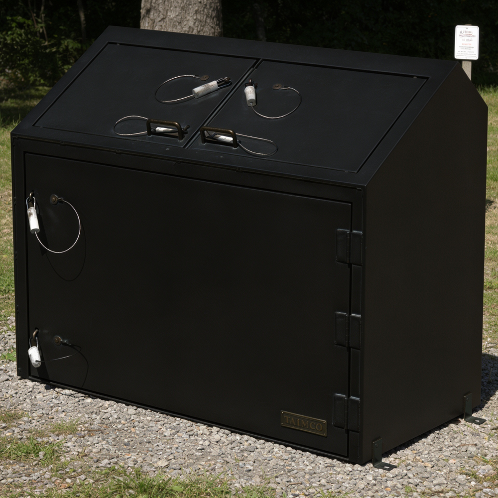 Black outdoor storage box with a brand logo on a gravel surface