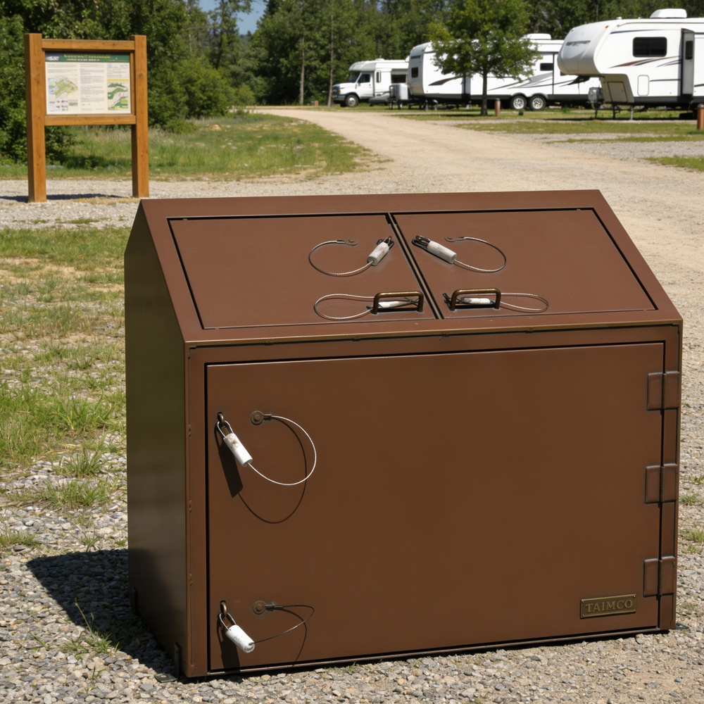 Brown metal cabinet with multiple outlets on a gravel surface, with RVs in the background.