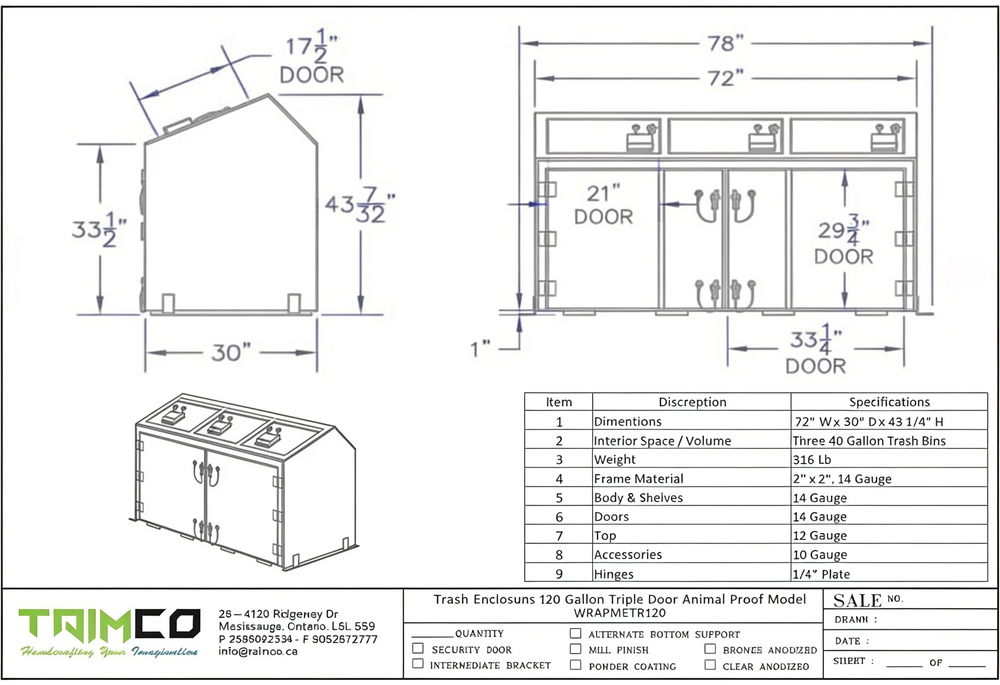 Technical drawing and specifications of a trash enclosure with dimensions and material details.