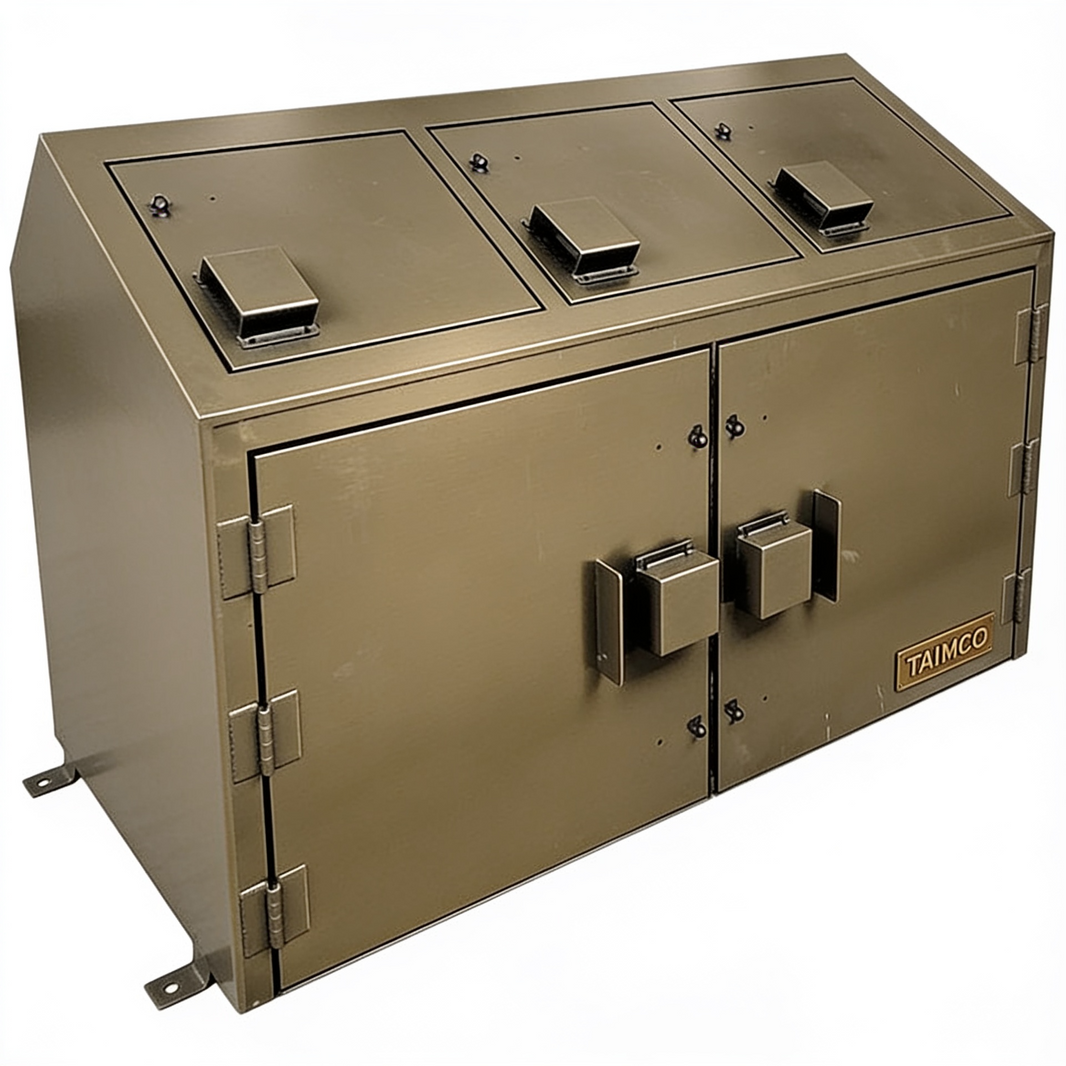 Beige metal cabinet with multiple doors and a visible brand logo on a white background
