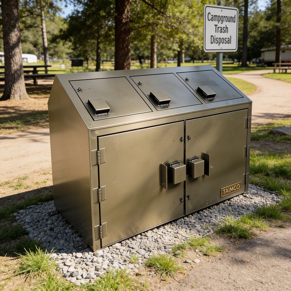 Metal trash disposal unit in a campground with a 'Campground Trash Disposal' sign in the background.