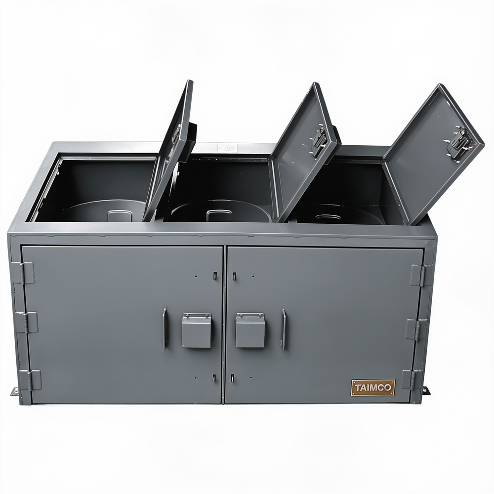 Gray trash bin with open lid and compartments on a white background