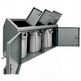 Metal trash bin with open doors revealing three trash cans inside on a white background