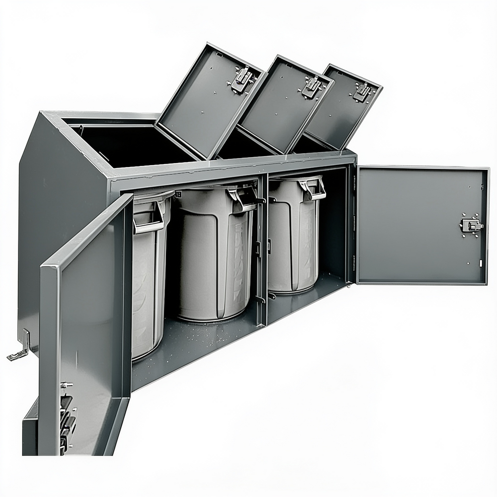 Metal trash bin with open doors revealing three trash cans inside on a white background