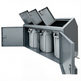 Gray metal trash bin with open lid and doors on a white background