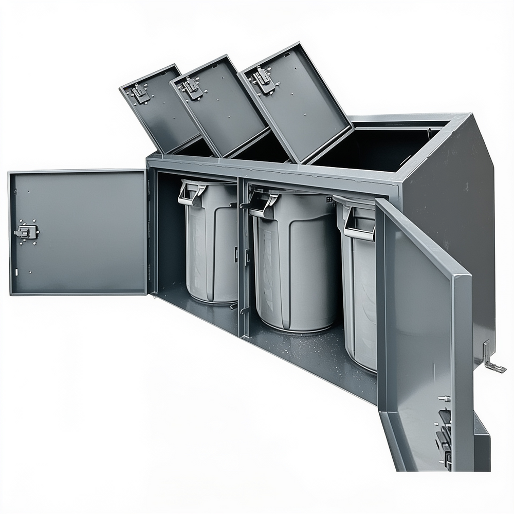 Gray metal trash bin with open lid and doors on a white background